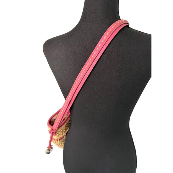 Brighton Tan Woven Straw Crossbody Bag Pink Leather Trim Adjustable StrapSummer - Picture 2 of 7